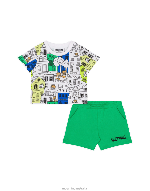 CITY TEDDY BEAR T-SHIRT AND SHORTS CO-ORD SET Moschino Boy GREEN 44AA867 Clothing