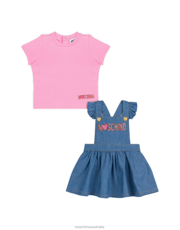 HEARTS T-SHIRT AND DUNGAREE SKIRT CO-ORD SET Moschino Girl PINK 44AA817 Clothing