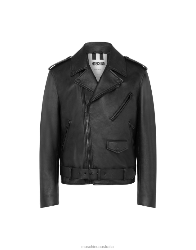 IN LOVE WE TRUST NAPPA LEATHER BIKER JACKET Moschino Men BLACK 44AA522 Clothing