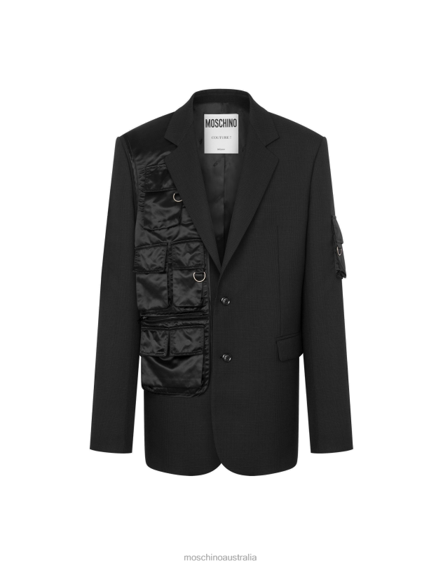 MULTIPOCKET DETAILS GLEN PLAID WOOL JACKET Moschino Men DARK GREY 44AA516 Clothing