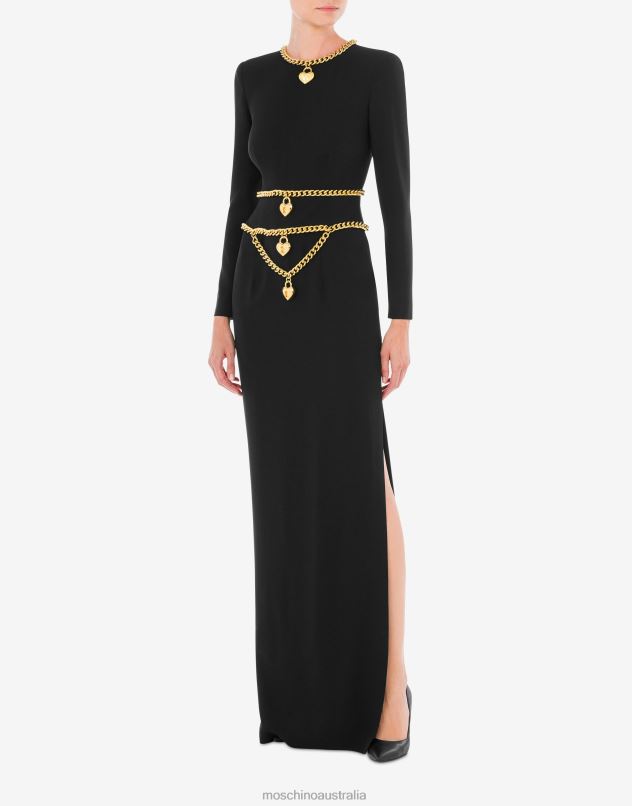 CHAIN & HEART ENVERS SATIN LONG DRESS Moschino Women BLACK 44AA52 Clothing