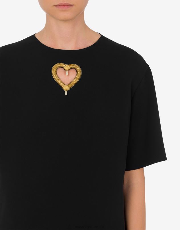HEART EMBROIDERY STRETCH CREPE DRESS Moschino Women BLACK 44AA39 Clothing