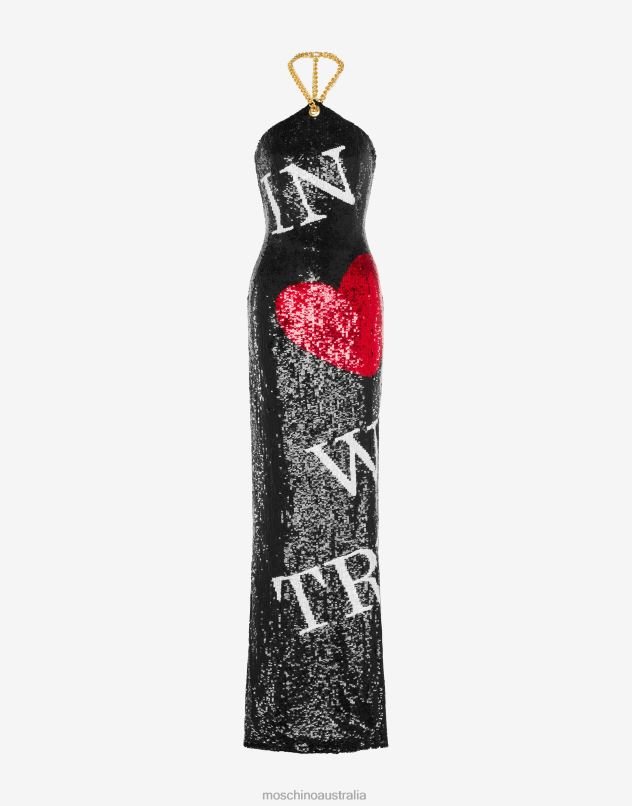 IN LOVE WE TRUST SEQUIN LONG DRESS Moschino Women BLACK 44AA59 Clothing