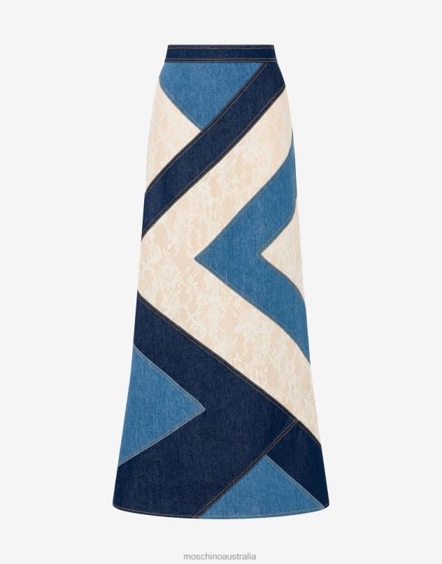 DENIM AND LACE PATCHWORK SKIRT Moschino Women BLUE DENIM 44AA181 Clothing