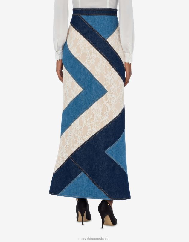 DENIM AND LACE PATCHWORK SKIRT Moschino Women BLUE DENIM 44AA181 Clothing