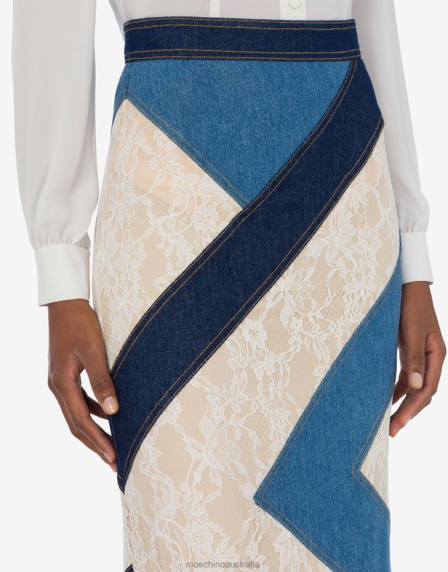 DENIM AND LACE PATCHWORK SKIRT Moschino Women BLUE DENIM 44AA181 Clothing