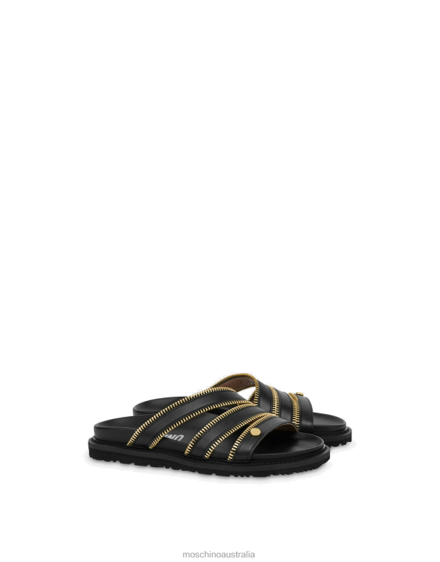 ZIPPER DETAILS SHINY CALFSKIN SANDALS Moschino Women BLACK 44AA344 Footwear