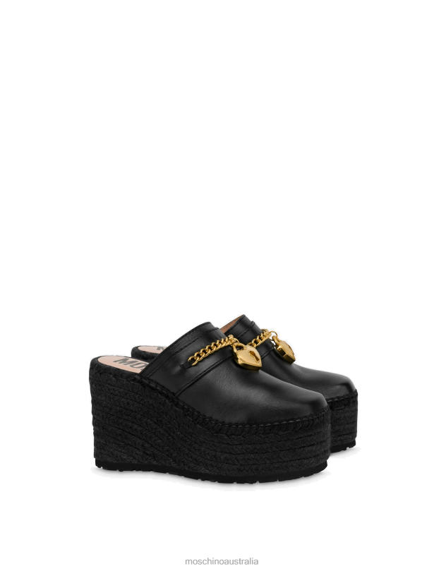 CHAIN & HEART CALFSKIN WEDGE MULES Moschino Women BLACK 44AA321 Footwear