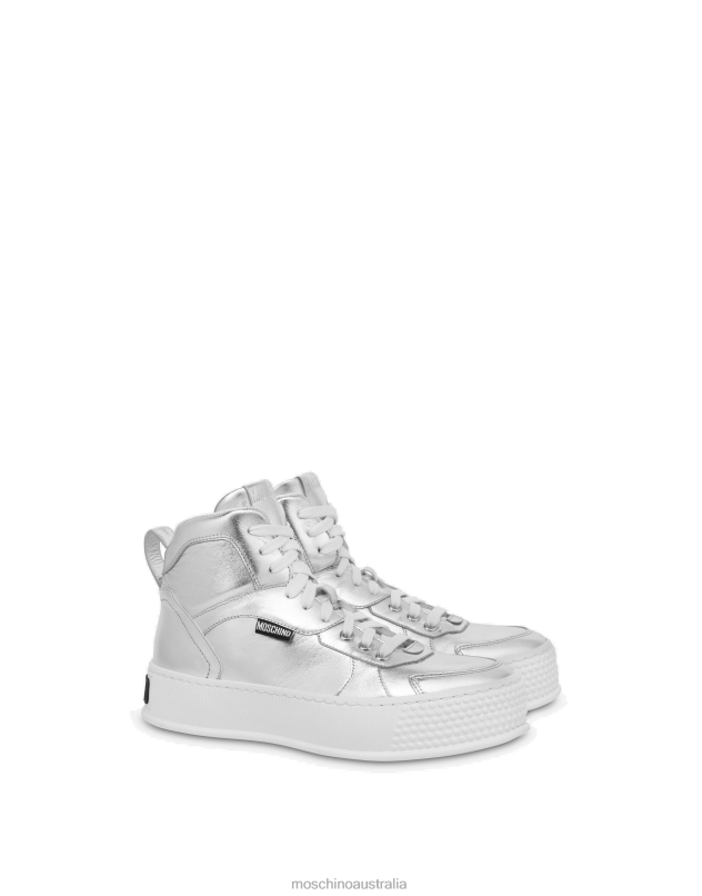 BUMPS & STRIPES LAMINATED NAPPA LEATHER HIGH-TOP SNEAKERS Moschino Women SILVER 44AA367 Footwear
